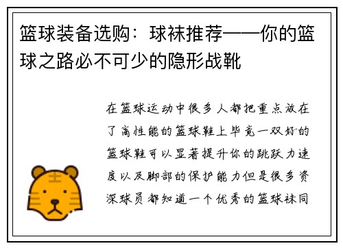 篮球装备选购：球袜推荐——你的篮球之路必不可少的隐形战靴