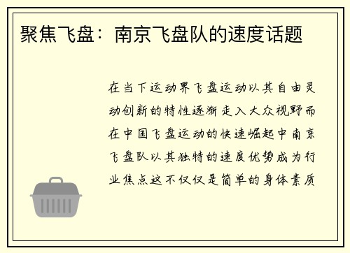 聚焦飞盘：南京飞盘队的速度话题