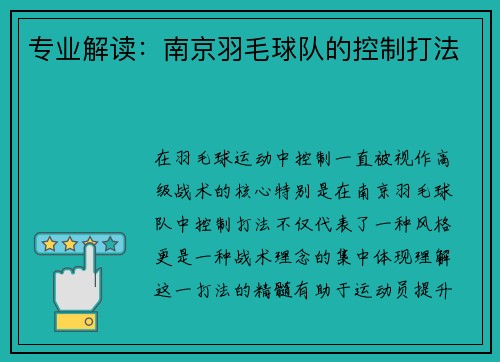 专业解读：南京羽毛球队的控制打法