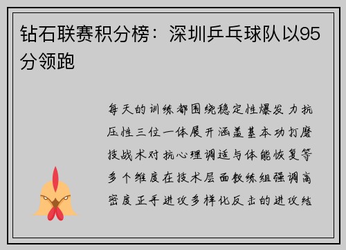 钻石联赛积分榜：深圳乒乓球队以95分领跑